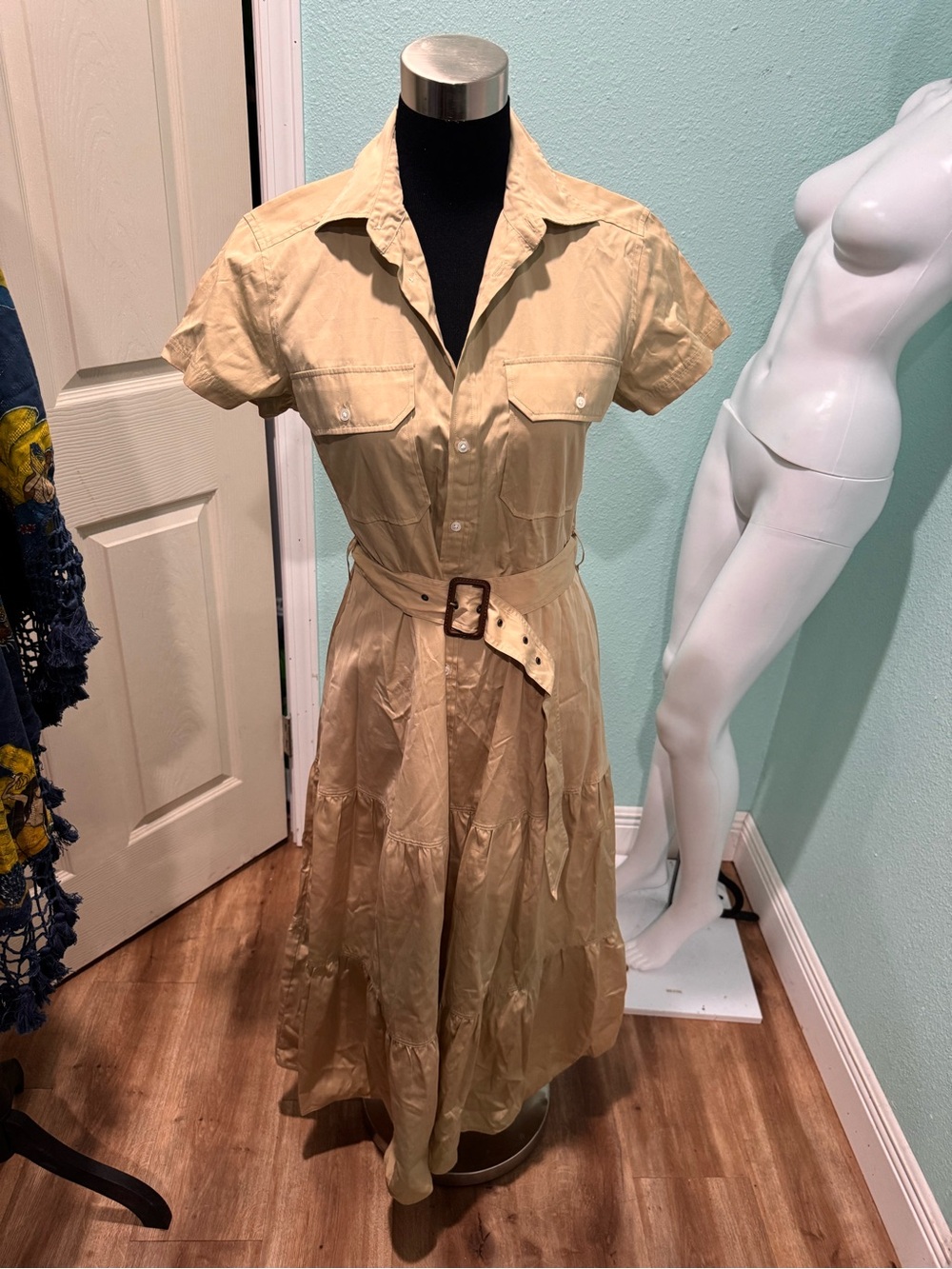 Ralph Lauren Light Tan Short-Sleeve Belted Midi Shirtdress